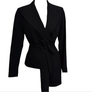 Borgospesso 21 Wool Blend Asymmetrical Blazer Black Tie Waist Wrap Size 6